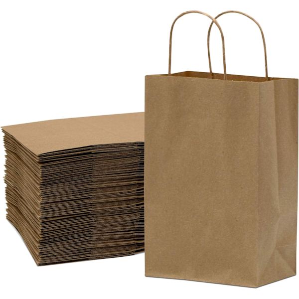 Små brune papirposer med håndtag - 6\" x 3\" x 9\" Pakke med 100 K