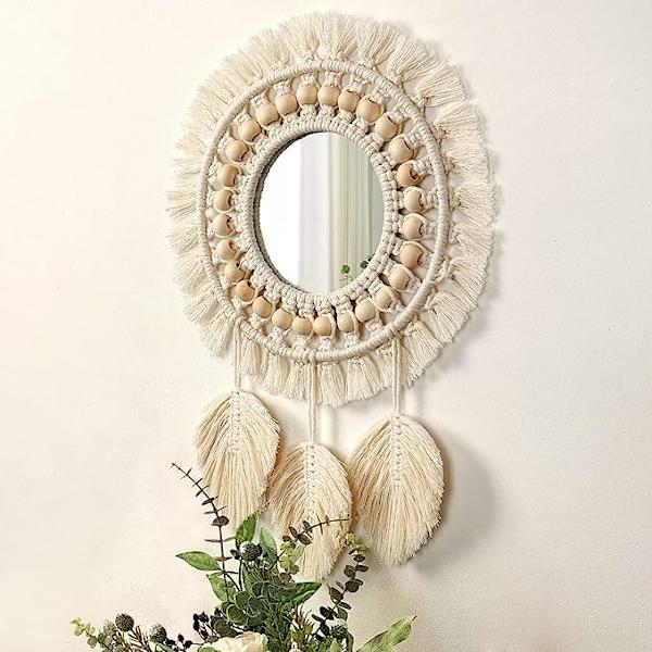 Boho Macrame Fransvägg Spegel med Träpärlor Fjäder
