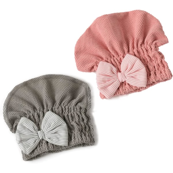 2 Pack Shower Cap with Bow for Women, Coral Fleece Drying Cap, M