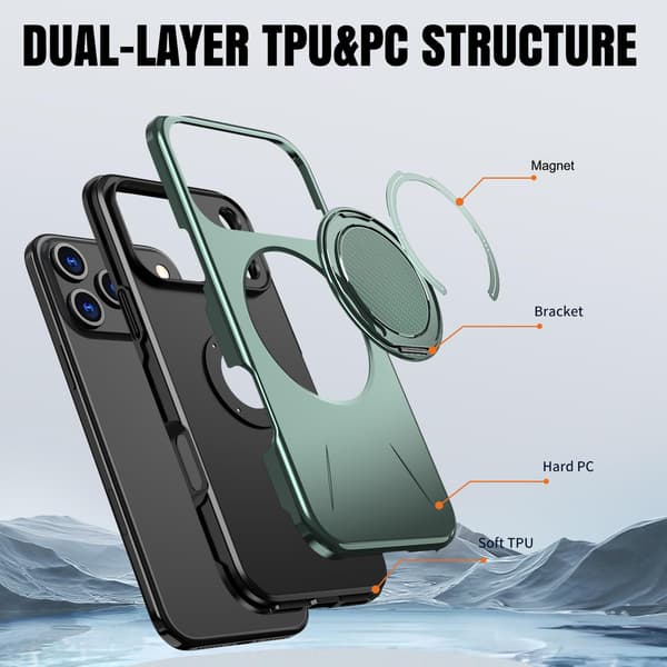Lämplig för iPhone 17 Pro Max magnetiskt telefonfodral, stötsäkert telefonfodral, med 360° roterande metallringstativ (stöder MagSafe) Gray-green