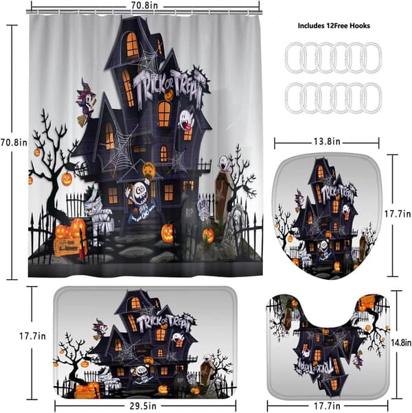 Halloween duschdraperisets med tunga mattor, toalettlock C