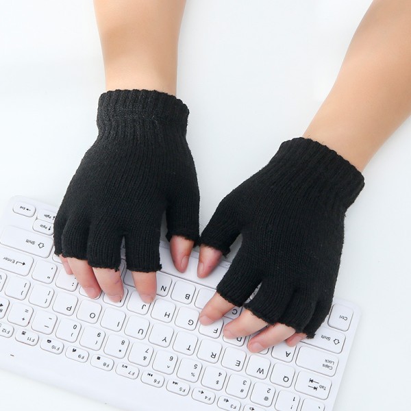 2 Pairs New Pure Black Knitted Wool Half Finger Warm Gloves for