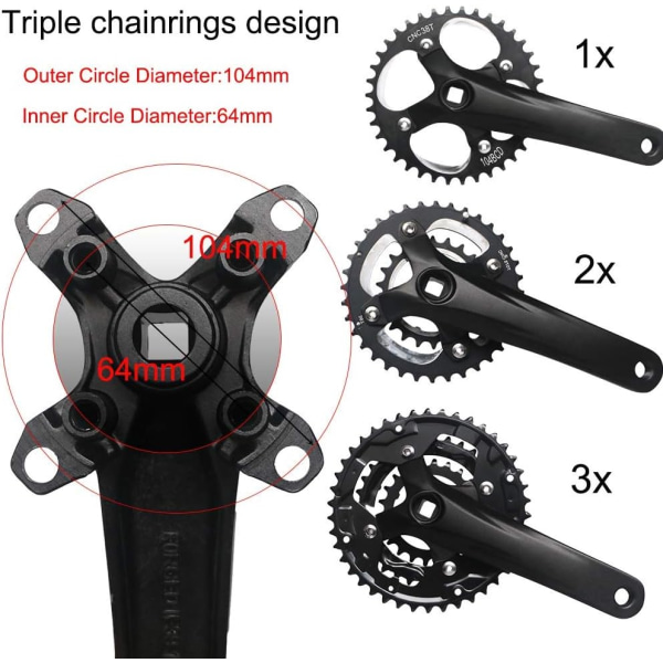 Firkantet avsmalnet kranksett med smalt, bredt kjedekrans 30T 32T 34T 3