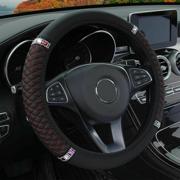 Universal Car PU Leather Diamond Steering Wheel Cover for 15''/3