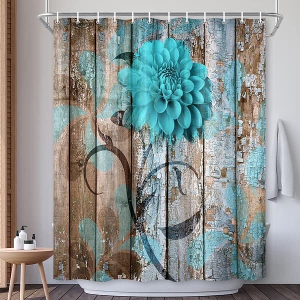 Rustik blommig duschdraperi, teal blommig dahlia trä bondgård