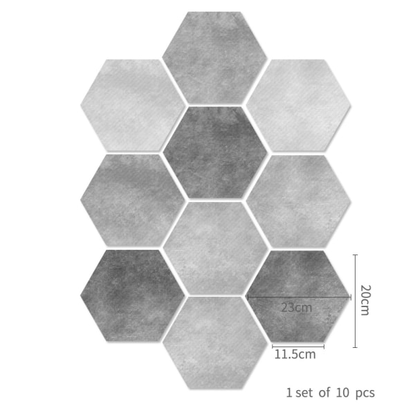 Set med 10 hexagonala väggklistermärken Cement Ash svart och vitt kit