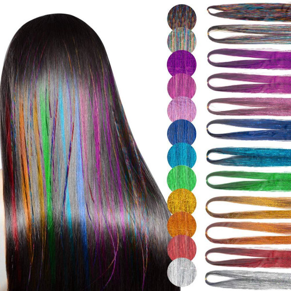 Tinsel Hair Strands Kit, 12 färger Tinser Hair Extensions Tång