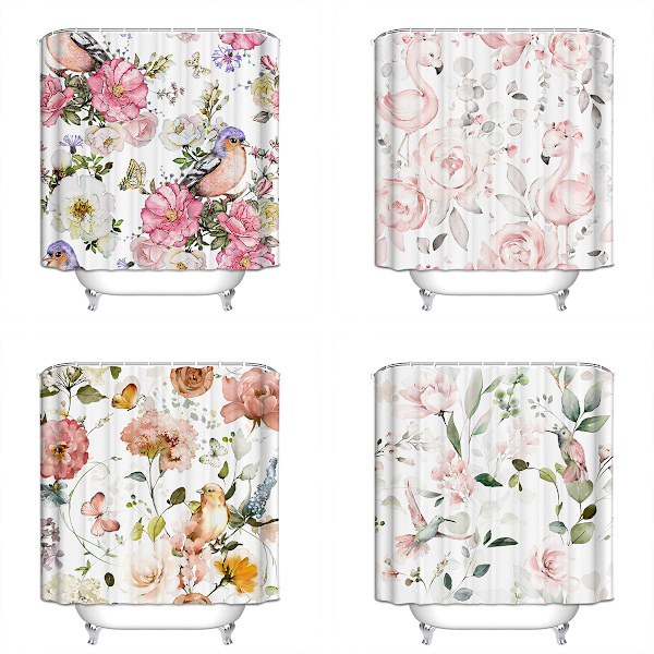 Flamingo Rose Kolibri Rustik Badrumsridå med 12 Krokar 180*180cm