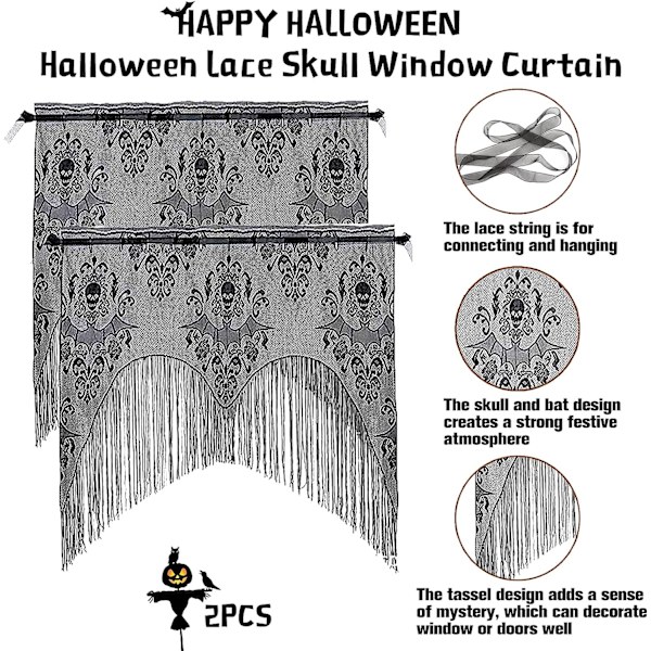 2 kpl Halloween-pitsiverho, jossa kallokuvio ja mustat hapsut