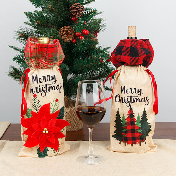 3 stk. Nye juledekoration Vinflaske Sæt Linned Ternet Taske Hjemmefest Atmosfære Hjemmedekoration Tilbehør 36*15cm