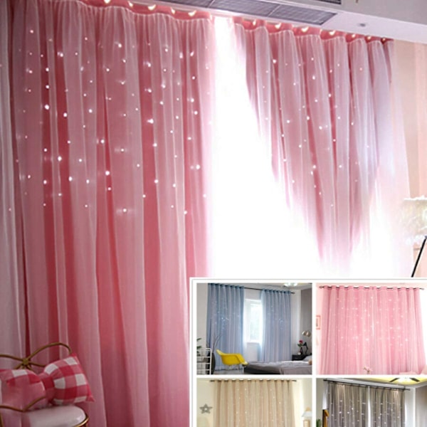 2 dobbeltlags åpent stjerneformet gardin 1.5*2.7M-Rosa