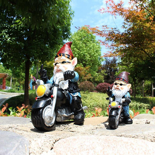 Dverghagepynt, morsom hagegnomfigur, gnomsyklist