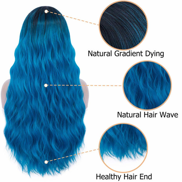 Blå peruker för kvinnor Ombre lång lockig vågig peruk med cap Blå