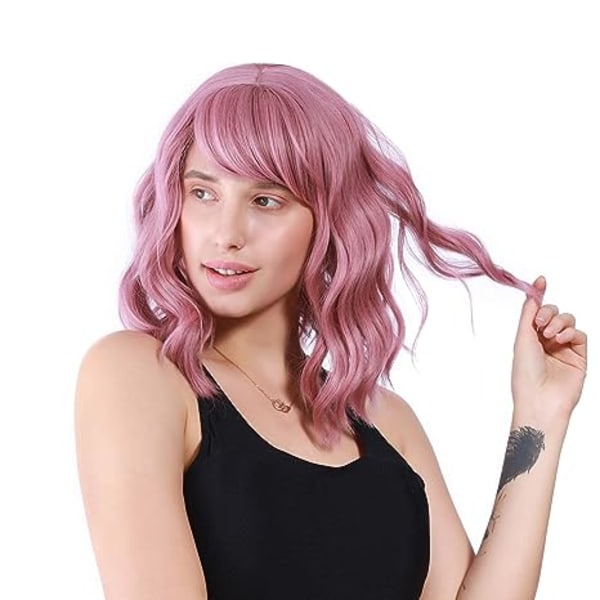 Rosa våg kvinnlig kort bob lila rosa peruk lockig axellängd