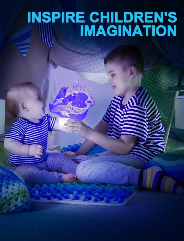 Delfin Natlampe til Børn, 3D Illusionslampe, 16 Farver Dimbar