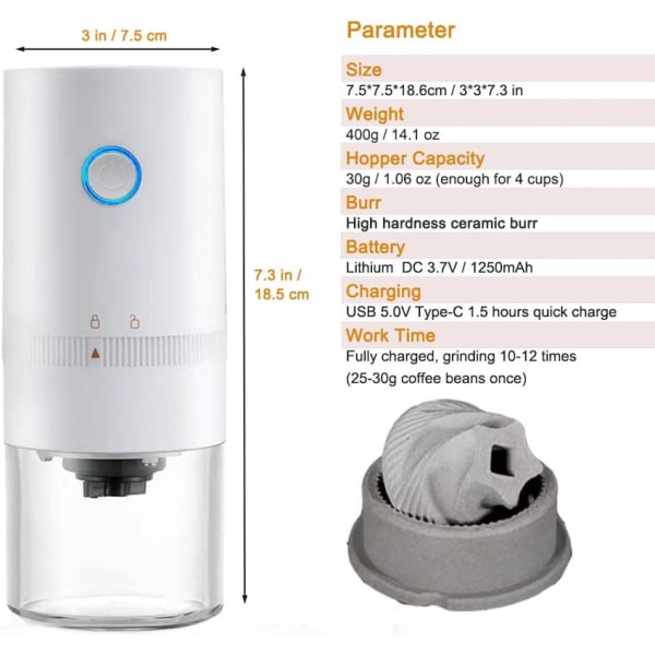 Irrotettava kannettava sähköinen kahvimylly White