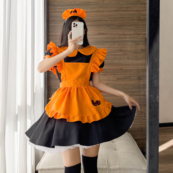 Kvinde Halloween Græskar Kostume Lolita Kjole Fransk Forklæde Pige