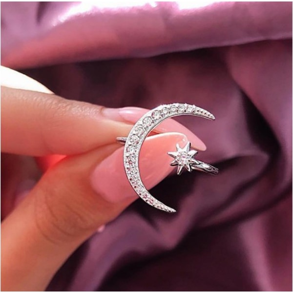 Fashion Star Moon Shape Silver Plated Open Ring Cubic Zirconia R