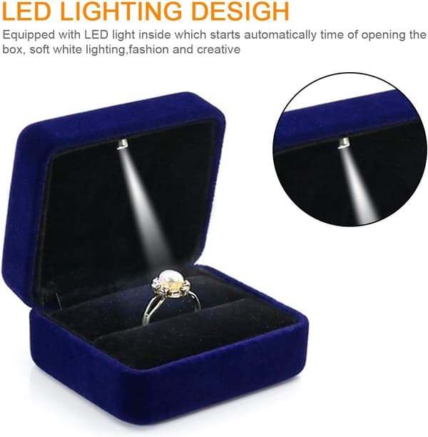 (Blå)Velvet Ring Box med LED Lys Ring Box for Bryllup, Propo
