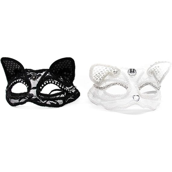 Cat Masquerade Mask Lyxig sexig kattmask med pärlor dekoration 2PCS