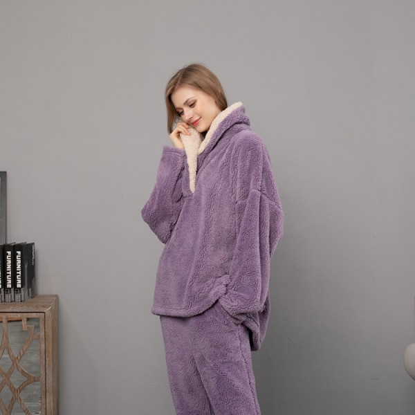 Vinterpyjamas i flanell förtjockad hemkläder för kvinnor L(110-130 pounds)