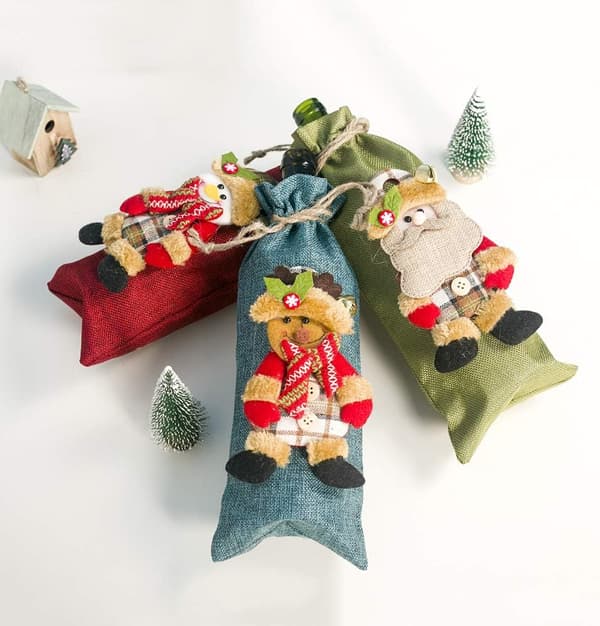 3-pack julgransflaska presentpåsar, säckväv dragsnöre påsar w