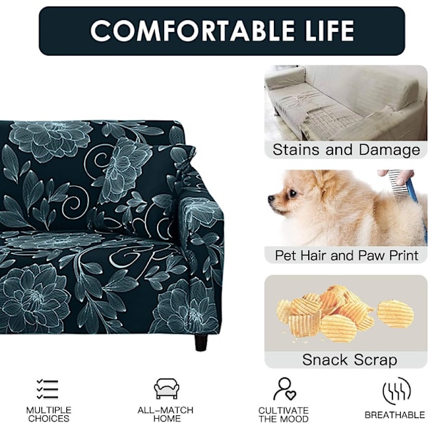Elastisk trykt sofaovertrekk med samme putetrekk small