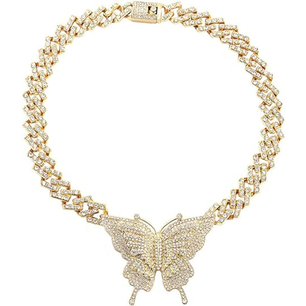 Cubansk lenkekjede Charm Butterfly Halskjeder for kvinner Rhinestone