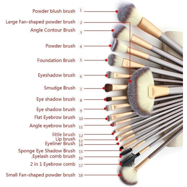 18-delt sminkebørste-sett med oppbevaringsveske Profesjonell sminke B