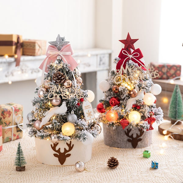 45cm Bordssmycke Julgran, Konstgjord Mini Julgran med LED-lampor och Julgranspynt (rosa)