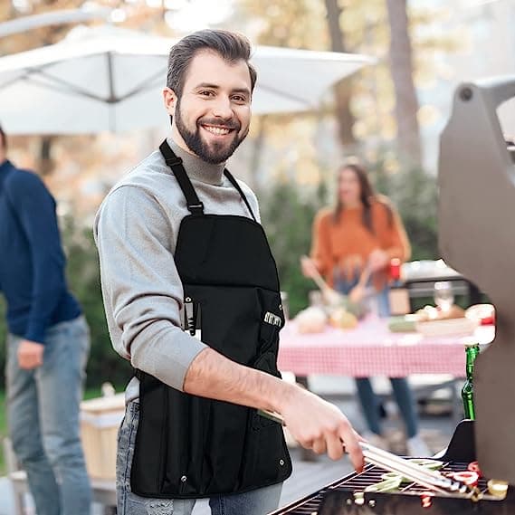 7-delt grillkit med grillforklæde i rustfrit stål, grill