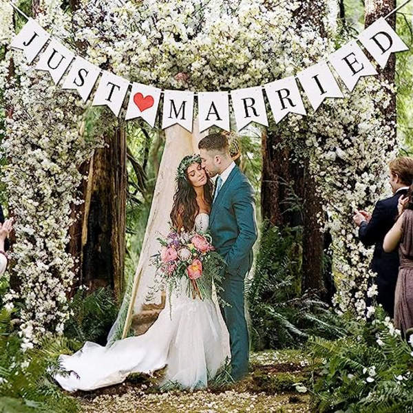 Just Married bröllopsbanderoll att dra, bröllopsdekoration