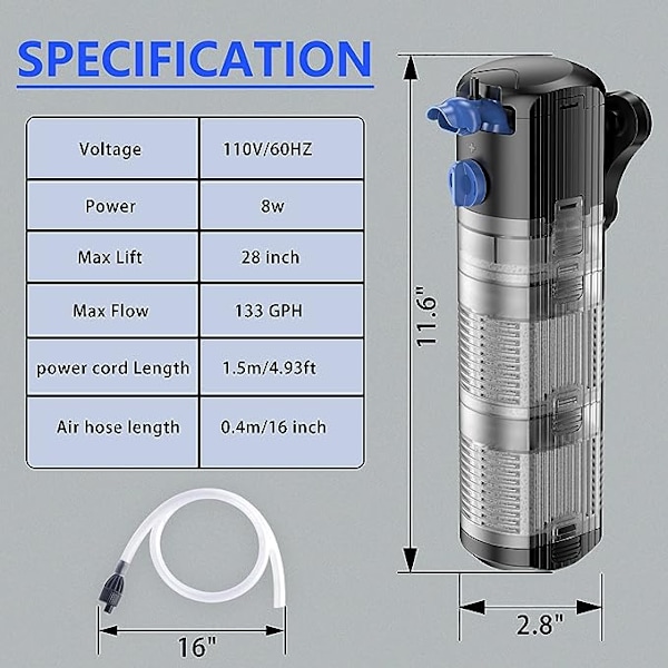 Fisketank Akvariefilter: 8W Intern Filterpumpe til 40-120 Ga