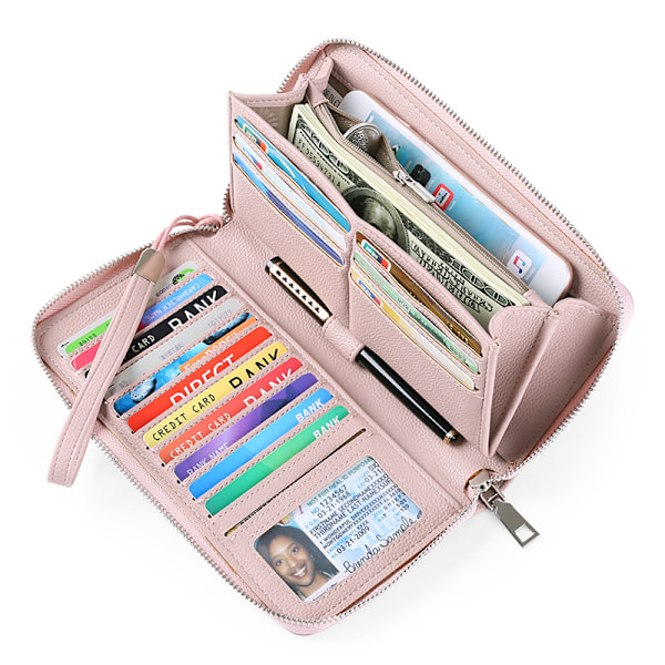 Damepung RFID Blokerende Læder Zip Around Pung Stor Kapacitet Lang Pung Kreditkort Clutch Wristlet - Pink