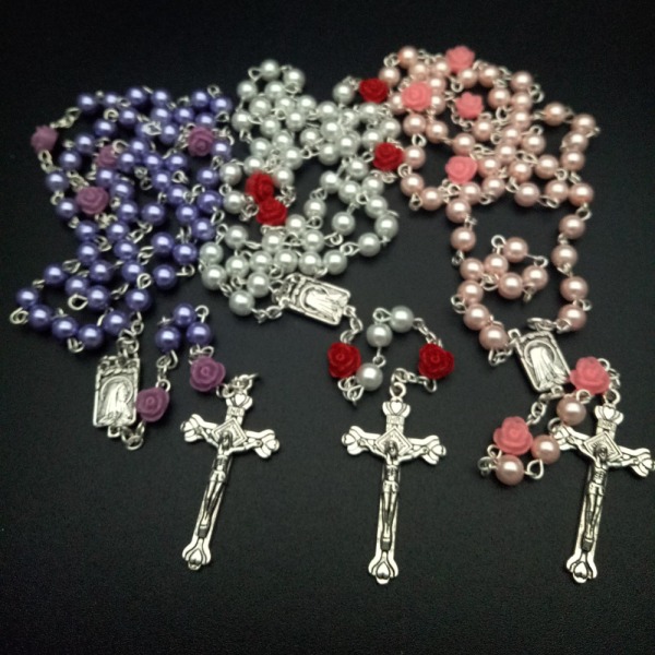 5 stk. 6mm lyserøde perler rosenkrans halskæde kors smykker