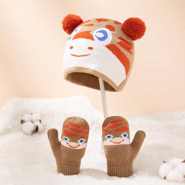Toddler Stickad Cartoon Hat Vantar 2 Delar Set Mössa Vantar