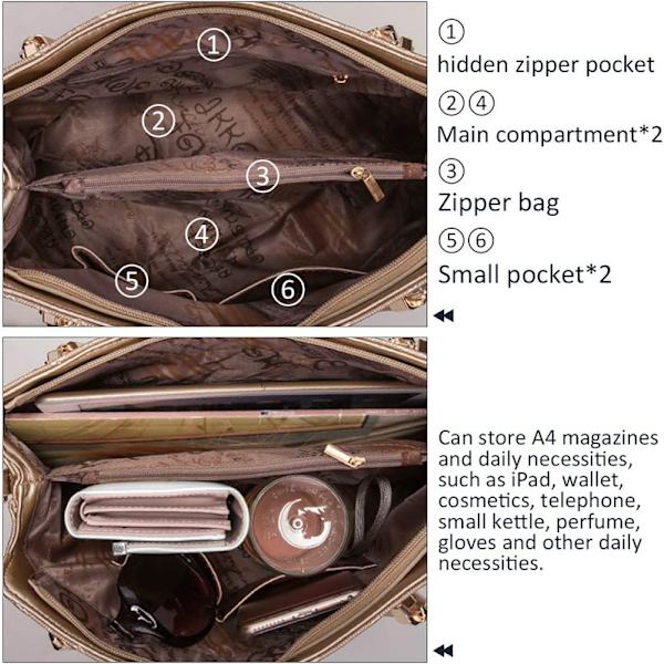 4 stk. Kvinders Mode Læder Håndtasker Tote Bag Skuldertaske Top Håndtag Satchel Pung med Vedhæng Sæt - Guld