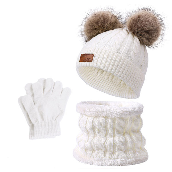 3 stk. Vinterluer og skjerfsett for barn, babylue med dobbel pompom, vinterlue for småbarn fra 1-8 år, gutter og jenter. White