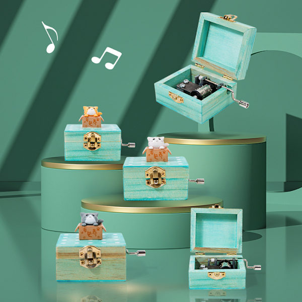 Presentförpackad trä handvev mini musikbox med söt katt White