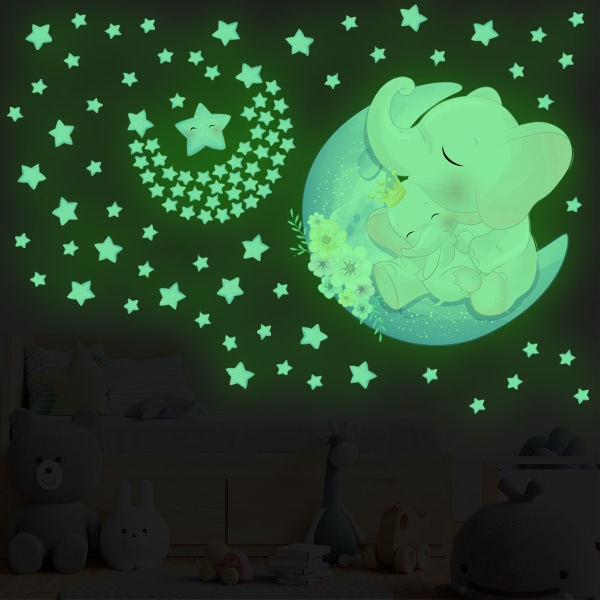 Elephant Moon Star Luminous Wall Sticker Cartoon Animal Children