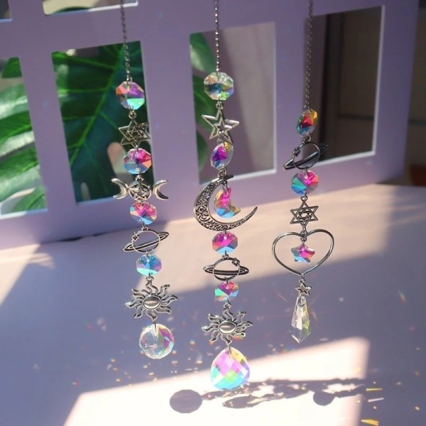 3 Crystal Wind Chime Moon Sun Catcher Diamond Prisms Pendant Dre