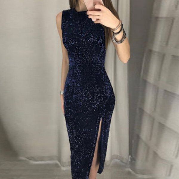 Kvällsklänning Dam Sexig Klänning Oregelbunden Paljett Slit Klänning Wom