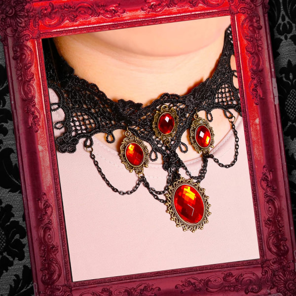 Gothic Vampire Smycken Set - Black Lace Choker med Red Rhinesto