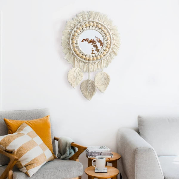 Dekorativt hængende macrame vægspejl - Håndlavet Boho frynset A