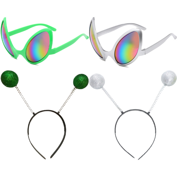 2 par sølvfarvede alienbriller med regnbuefarvede linser og 2 stykker