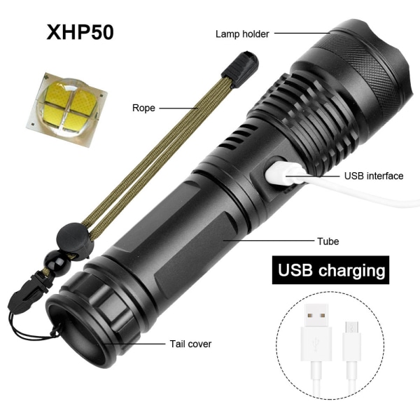 USB genopladelig P50 lommelygte teleskopisk zoom LED lommelygte p