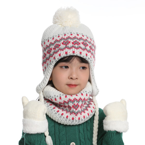 Children's warm hat plush scarf gloves 3 three-piece suit (pink)