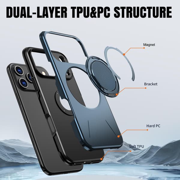 Lämplig för iPhone 16 PRO MAX magnetiskt telefonfodral, stötsäkert telefonfodral, med 360° roterande metallringstativ (stöder MagSafe) Blue