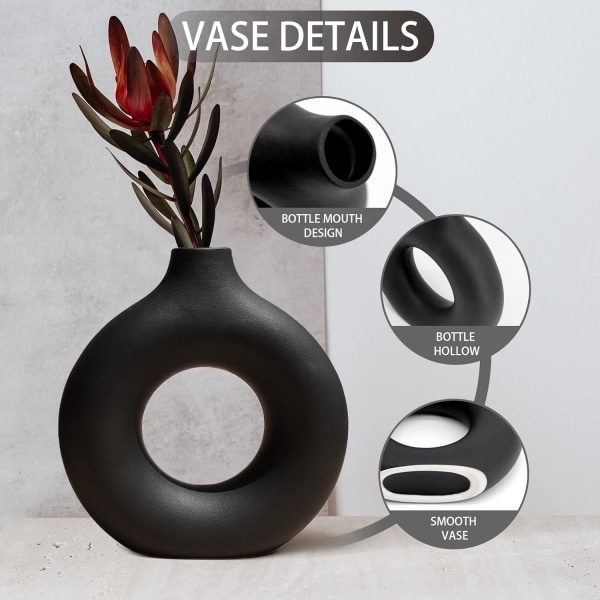 Svart keramisk vase nordisk sirkulær matt hul donut blomster vase