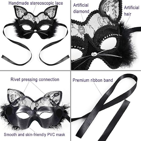 Venetiansk Masquerade Maske Luksuriøs Svart Katt Blonder Maske for Fancy Dr